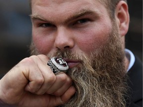 Ottawa Redblacks offensive linesman John Gott poses with his Grey Cup ring after being presented with it at a ceremony in Gatineau on Friday, May 26, 2017.