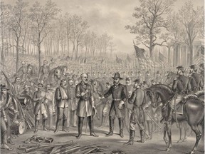 This image provided buy the Library of Congress shows an artists rendering of the surrender of Confederate General Robert E. Lee to Union General Ulysses S. Grant at Appomattox Court House on April 9, 1865.  A reenactment of the surrender will take place in Appomattox on April 9, 2015, to commemorate the 150th anniversary of the surrender.  (AP Photo/Library of Congress Prints and Photographs Division, Kurz and Allison)
Uncredited, AP