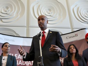 Immigration Minister Ahmed Hussen speaks to guests at City Hall in Brampton, Ont., on Wednesday, October 4, 2017. Hussen announced that changes to citizenship laws would start taking effect next week. THE CANADIAN PRESS/Colin Perkel