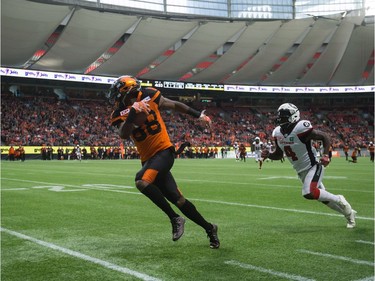 Shaq Johnson, Jerrell Gavins

B.C. Lions' Shaq Johnson, left, runs the ball into the end zone to score a touchdown after making a reception in front of Ottawa Redblacks' Jerrell Gavins during the first half of a CFL football game in Vancouver, B.C., on Saturday, October 7, 2017. THE CANADIAN PRESS/Darryl Dyck ORG XMIT: VCRD128
DARRYL DYCK,