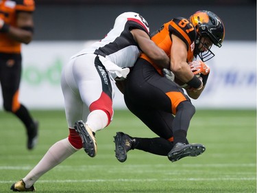 Jonathan Rose Marco Iannuzzi

B.C. Lions' Marco Iannuzzi, right, is tackled by Ottawa Redblacks' Jonathan Rose after making a reception during the first half of a CFL football game in Vancouver, B.C., on Saturday, October 7, 2017. THE CANADIAN PRESS/Darryl Dyck ORG XMIT: VCRD115
DARRYL DYCK,