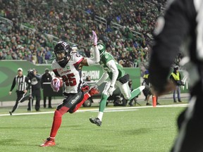Redblacks wide receiver Diontae Spencer catches a touchdown pass during first-half against the Roughriders on Friday night. THE CANADIAN PRESS/Mark Taylor