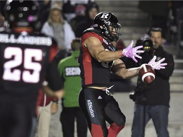 Redblacks fullback Patrick Lavoie (81) drops a pass from Brett Maher on a fake punt in the first half of Friday's game. THE CANADIAN PRESS/Justin Tang