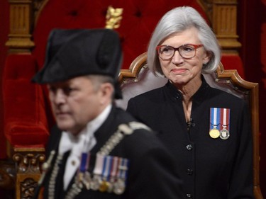 Chief Justice of Canada, Beverley McLachlin, looks on from the speaker's seat in the Senate Chamber before the installation ceremony for Canada's next Governor General, Julie Payette, in Ottawa on Monday, October 2, 2017.