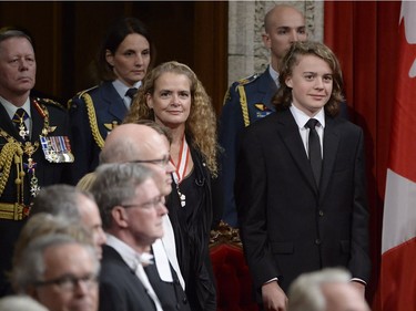 Governor General Designate Julie Payette, centre, looks on during her installation ceremony in the Senate Chamber, in Ottawa on Monday, October 2, 2017.