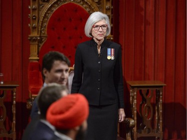 Chief Justice of Canada, Beverley McLachlin, looks on from the speaker's seat in the Senate Chamber before the installation ceremony for Canada's next Governor General, Julie Payette, in Ottawa on Monday, October 2, 2017.