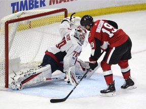 Senators centre Derick Brassard (19) was stopped by Capitals goalie Braden Holtby on this shootout attempt, but only after he managed his second three-point game as a Senators player in the 2017-18 season opener on Thursday. THE CANADIAN PRESS/Adrian Wyld