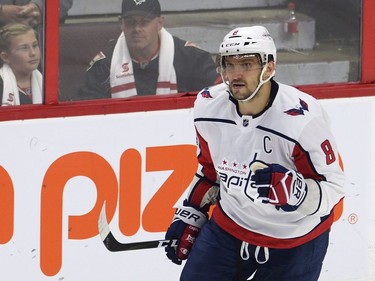 Washington Capitals left wing Alex Ovechkin (8) celebrates after scoring against the Ottawa Senators during the shootout.