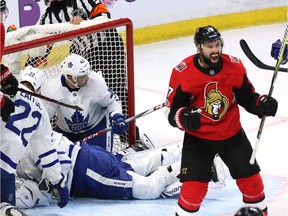 Ottawa Senators centre Nate Thompson celebrates his goal against the Toronto Maple Leafs during the first period at the CTC on Saturday, Oct. 21, 2017.