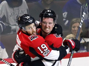 Senators centre Derick Brassard (19) celebrates one of his two goals in Saturday's game with right-winger Mark Stone, who also scored twice against the Maple Leafs. THE CANADIAN PRESS/Fred Chartrand