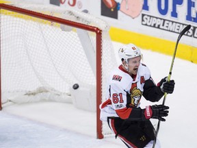 Ottawa Senators' Mark Stone celebrates after scoring the winning goal during shootout NHL hockey action against the Vancouver Canucks, in Vancouver on Tuesday, October 10, 2017. Stone is a key figure on the Senators' struggling power play.