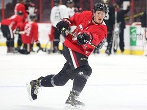 Thomas Chabot of the Senators during the morning skate before a Sept. 18 pre-season game in Ottawa. He recorded his first NHL assist on a goal by Ryan Dzingel at Calgary on Friday. Jean Levac/Postmedia