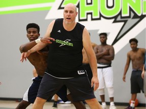 Dan Stoddard in action with the Algonquin Thunder during an Ontario Colleges Athletic Association men's basketball game.