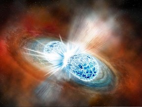 An artist's conception of a merger of two neutron stars.