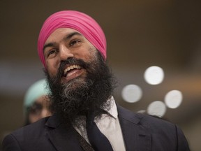 Jagmeet Singh listens a speech before the announcement he won the first ballot in the NDP leadership race to be elected the leader of the federal New Democrats in Toronto on Sunday, October 1, 2017.