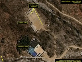 This satellite image released and notated by Airbus Defense & Space and 38 North on Wednesday, April 12, 2017, shows the Punggye-ri nuclear test site in North Korea.