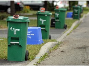 Ottawa green bins waiting for pickup on a neighbourhood street.