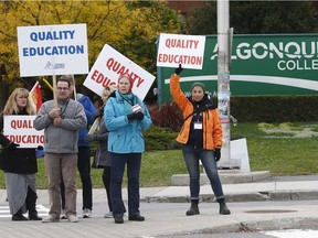 Picket lines are up at Algonquin College as faculty at Ontario's 24 community colleges began a strike Monday.