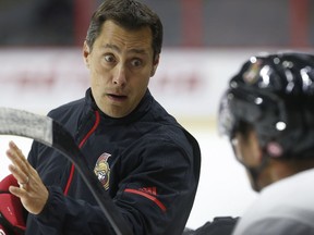 Ottawa Senators coach Guy Boucher during practice in Ottawa Ontario Monday Oct. 2, 2017.