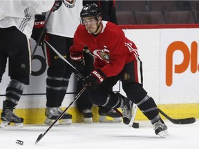 Senators centre Jean-Gabriel Pageau, seen here during practice earlier this week, says players draw energy from big, loud crowds during games.  Tony Caldwell/Postmedia