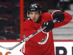 Bobby Ryan, seen here during a Senators practice in late September, will be sidelined for a month or more after breaking his right finger during a during practice at the Canadian Tire Centre  in Ottawa Ontario Wednesday Sept 27, 2017.  Tony Caldwell ORG XMIT: POS1709271127150856
Tony Caldwell