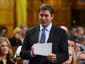 Conservative Leader Andrew Scheer stands during question period in the House of Commons on Parliament Hill in Ottawa on Wednesday, Oct. 18, 2017.