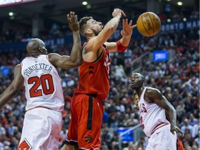 Toronto Raptors Jonas Valanciunas during 1st half action against the Chicago Bulls at the Air Canada Centre in Toronto, Ont. on Thursday October 19, 2017.