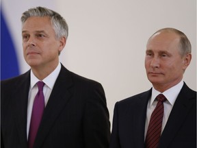 Vladimir Putin, Jon Huntsman, Sergey Lavrov

Russian President Vladimir Putin, right, smiles receiving credentials from the U.S. Ambassador, Jon Huntsman, center, during a ceremony in the Kremlin in Moscow, Russia, on Tuesday, Oct. 3, 2017. The new U.S. Ambassador to Russia presented his credentials to President Vladimir Putin in the Kremlin on Monday amid investigations into Moscow's meddling in the 2016 U.S. elections. Russian Foreign Minister Sergey Lavrov is at left. (AP Photo/Pavel Golovkin, Pool) ORG XMIT: XIAS104
Pavel Golovkin, AP