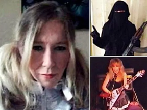Clockwise from left: Sally-Anne Jones in a selfie before leaving for Syria; in a burqa with a gun; and performing in a punk rock band.