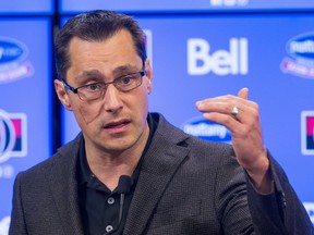 Coach Guy Boucher during his media conference following the Ottawa Senators practice at Canadian Tire Centre in advance of their next game on Thursday evening.