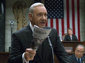 This image released by Netflix shows Kevin Spacey in a scene from "House Of Cards." Netflix says it's suspending production on "House of Cards" following harassment allegations against Spacey.  (David Giesbrecht/Netflix via AP) ORG XMIT: NYET205

AP PROVIDES ACCESS TO THIS THIRD PARTY PHOTO SOLELY TO ILLUSTRATE NEWS REPORTING OR COMMENTARY ON FACTS DEPICTED IN IMAGE; MUST BE USED WITHIN 14 DAYS FROM TRANSMISSION; NO ARCHIVING; NO LICENSING; MANDATORY CREDIT
David Giesbrecht, AP
