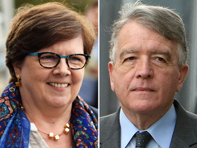 Ontario Liberal campaign manager Pat Sorbara and Liberal organizer Gerry Lougheed outside court during the Sudbury byelection trial.