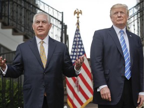 Donald Trump, Rex Tillerson

FILE - In this Aug. 11, 2017, file photo, Secretary of State Rex Tillerson, left, speaks following a meeting with President Donald Trump at Trump National Golf Club in Bedminster, N.J. Trump challenged Tillerson to "compare IQ tests," delivering a sharp-edged ribbing that threw a bright spotlight on his seemingly shaky relationship with his top diplomat. The White House insisted he was only joking. (AP Photo/Pablo Martinez Monsivais, File) ORG XMIT: WX106

A AUG. 11, 2017, FILE PHOTO
Pablo Martinez Monsivais, AP