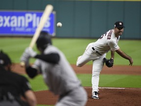 Houston Astros starting pitcher Justin Verlander throws during the first inning of Game 6 of baseball's American League Championship Series against the New York Yankees Friday, Oct. 20, 2017, in Houston. (AP Photo/Eric Christian Smith)