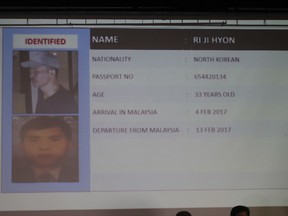FILE - This Feb. 19, 2017, file photo shows information about Ri Ji Hyon, one of four North Koreans wanted in connection with the killing of Kim Jong Nam, North Korean leader Kim Jong's Un's estranged half brother, displayed during a press conference by Malaysia Deputy National Police Chief Noor Rashid Ibrahim at the Bukit Aman national police headquarters in Kuala Lumpur, Malaysia. Malaysian prosecutors are shining a light on a group of mysterious North Korean men they contend masterminded the assassination of Kim Jong Nam and fled before they could be brought to justice. (AP Photo/Vincent Thian, File)