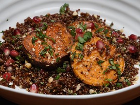 Bonnie Stern's Red Quinoa Salad With Roasted Sweet Potatoes and Pomegranate Dressing.