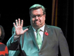 Denis Coderre waves to supporters as he arrives to deliver his concession speech after losing the race for Montreal mayor to Projet Montréal's Valérie Plante on Sunday, Nov. 5, 2017.