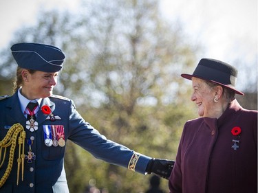 Governor General Julie Payette speaks with 2017 National Silver Cross Mother Diana Abel, right, during the National Remembrance Day Ceremony at the National War Memorial in Ottawa on Saturday, November 11, 2017.  Ashley Fraser/Postmedia
Ashley Fraser, Postmedia