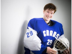 The very athletic Gabriel Ferron-Bouius was born with fibular hemimelia leading to an amputation of his foot shortly after birth. Ferron-Bouius wears a prosthetic and plays goalie with the Cumberland Grads Bantam AA team.