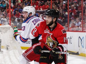 Mika Zibanejad and Derick Brassard, right, who were traded for each other in July 2016, jostle for position in Game 1 of the Rangers-Senators playoff series last spring. Jana Chytilova/Freestyle Photography/Getty Images