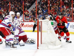 Kyle Turris, right, circles the net after scoring the overtime winning goal for the Senators against the Rangers in Game 5 of the Eastern Conference semifinals last spring. Jana Chytilova/Freestyle Photography/Getty Images