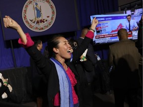 Virginia Gubernatorial Candidate Ralph Northam Holds Election Night Gathering In Fairfax, Virginia

FAIRFAX, VA - NOVEMBER 07:  Hyun Lee, a supporter of Ralph Northam, the Democratic candidate for governor of Virginia, celebrates as early projections indicated a Northam victory at an election night rally November 7, 2017 in Fairfax, Virginia. Northam has fought a close race with Republican candidate Ed Gillespie.  (Photo by Win McNamee/Getty Images)
Win McNamee, Getty Images