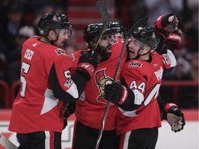 The bearded Johnny Oduya of Ottawa Senators celebrates after scoring to tie it 3-3 during the third period on Saturday, Nov. 11, 2017, in Stockholm.