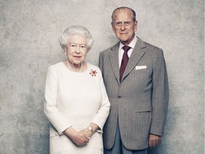 Queen Elizabeth II and The Duke of Edinburgh Celebrate Their 70th Wedding Anniversary

WINDSOR, ENGLAND - NOVEMBER: (THIS PHOTOGRAPH IS STRICTLY FOR EDITORIAL USE ONLY. THE IMAGE IS PROVIDED FOR FREE EDITORIAL USE UNTIL DECEMBER 3, 2017 WHEN IT MUST BE REMOVED FROM ALL SYSTEMS AND THOSE OF YOUR SUBSCRIBERS. THIS IMAGE IS INTENDED TO BE USED AS ONE OF A SEQUENCE OF THREE IMAGES, THIS IS FIRST IN THE SEQUENCE.) In this handout image issued by Camera Press, Queen Elizabeth II and Prince Philip, Duke of Edinburgh pose for a photo against a platinum-textured backdrop, in the White Drawing Room at Windsor Castle in early November, in celebration of their platinum wedding anniversary on November 20, 2017 in Windsor, England. The Queen is wearing a cream day dress by Angela Kelly and a 'Scarab' brooch in yellow gold, carved ruby and diamond, designed by Andrew Grima, and given as a personal gift from the Duke to The Queen in 1966. (Matt Holyoak/CameraPress/PA Wire via Getty Images)  PUBLISHERS ARE REQUESTED TO USE THE SEQUENCE OF PICTURES, IN THE FIRST INSTANCE AS PROVIDED. THIS PHOTOGRAPH IS STRICTLY FOR EDITORIAL USE ONLY, NO COMMERCIAL, SOUVENIR, COVERS OR PROMOTIONAL USE PERMITTED. THE PHOTOGRAPH CANNOT BE CROPPED, MANIPULATED OR ALTERED IN ANY WAY.

(NO SALES. EDITORIAL USE ONLY) Getty Images provides access to this publicly distributed image for editorial purposes and is not the copyright owner. Additional permissions may be required and are the sole responsibility of the end user.
Handout, Camera Press via Getty Images