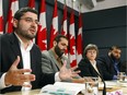 Abdullah Almalki, left, Muayyed Nureddin, Barb Jackman, Counsel for Ahmad El Maati, Ahmad El Maati speak during a news conference.