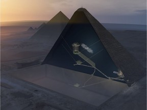 SCIENCE-HISTORY-PHYSICS-EGYPT-PYRAMIDS

This handout 3D artistic view made by the ScanPyramids mission and released on November 2, 2017 by the Nature Publishing Group shows a hidden internal structure in Khufus Pyramid, the largest pyramid in Giza. Scientists have found, but not yet examined, a mysterious, Boeing-sized "void" in the Great Pyramid of Egypt -- a fourth cavity besides the already-known king and queen's "chambers" and Grand Gallery, they announced on November 2, 2017.  / AFP PHOTO / NATURE PUBLISHING GROUP AND ScanPyramids mission / - / RESTRICTED TO EDITORIAL USE - MANDATORY CREDIT "AFP PHOTO / NATURE PUBLISHING GROUP / ScanPyramids mission" - NO MARKETING NO ADVERTISING CAMPAIGNS - DISTRIBUTED AS A SERVICE TO CLIENTS == NO ARCHIVE  / TO GO WITH AFP STORY BY MARIETTE LE ROUX AND LAURENCE COUSTAL-/AFP/Getty Images

SEE CAPTION FOR MORE INFORMATION / RESTRICTED TO EDITORIAL USE - MANDATORY CREDIT "AFP PHOTO / NATURE PUBLISHING GROUP / ScanPyramids mission" - NO MARKETING NO ADVERTISING CAMPAIGNS - DISTRIBUTED AS A SERVICE TO CLIENTS == NO ARCHIVE
-, AFP/Getty Images