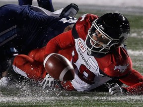 Calgary Stampeders' Lamar Jorden fumbles during fourth-quarter Grey Cup action on Nov. 26, 2017