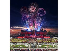 The dramatic, large-scale photograph offers a stunning view of Parliament Hill on Canada Day,