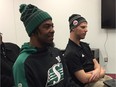 Saskatchewan Roughriders receiver Duron Carter, left, joined the media during Saturday's media conferences for Sunday's East Division semifinal against the Ottawa Redblacks.