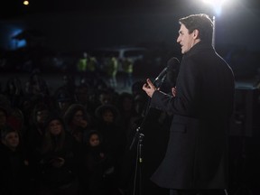 Prime Minister Justin Trudeau speaks to a crowd of supporters in Clarenville, N.L. on Thursday, November 23, 2017. THE CANADIAN PRESS/Darren Calabrese